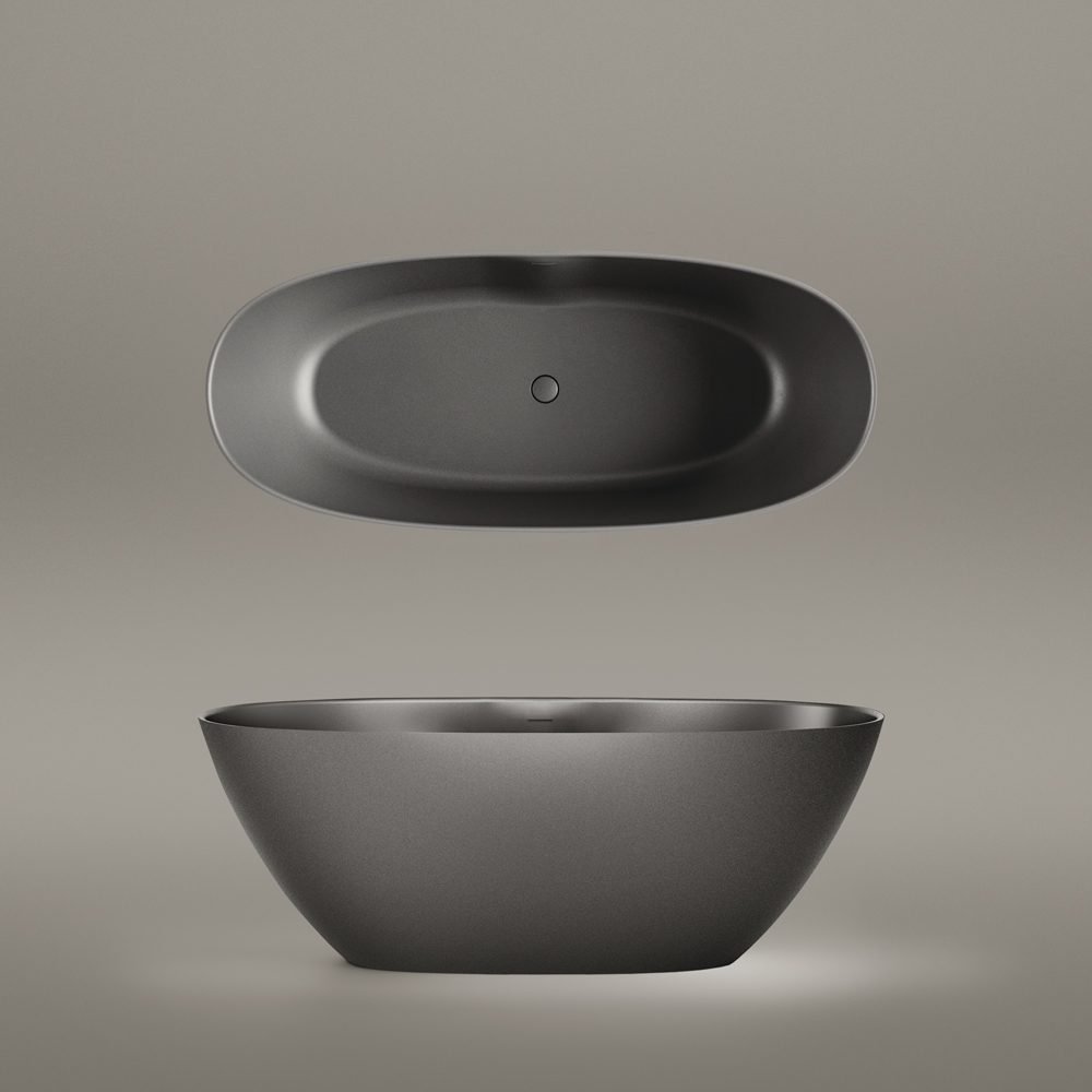 PAA Silkstone material free standing bath Perla 175 in Graphite color top and front view product sample